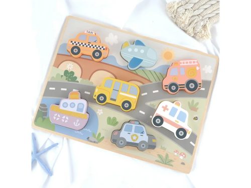 Transport fa puzzle – fejlesztő kirakó járművekkel 12 hónapos kortól